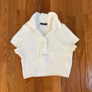 Brandy Melville Cream Ribbed Short Sleeve Polo Crop Top